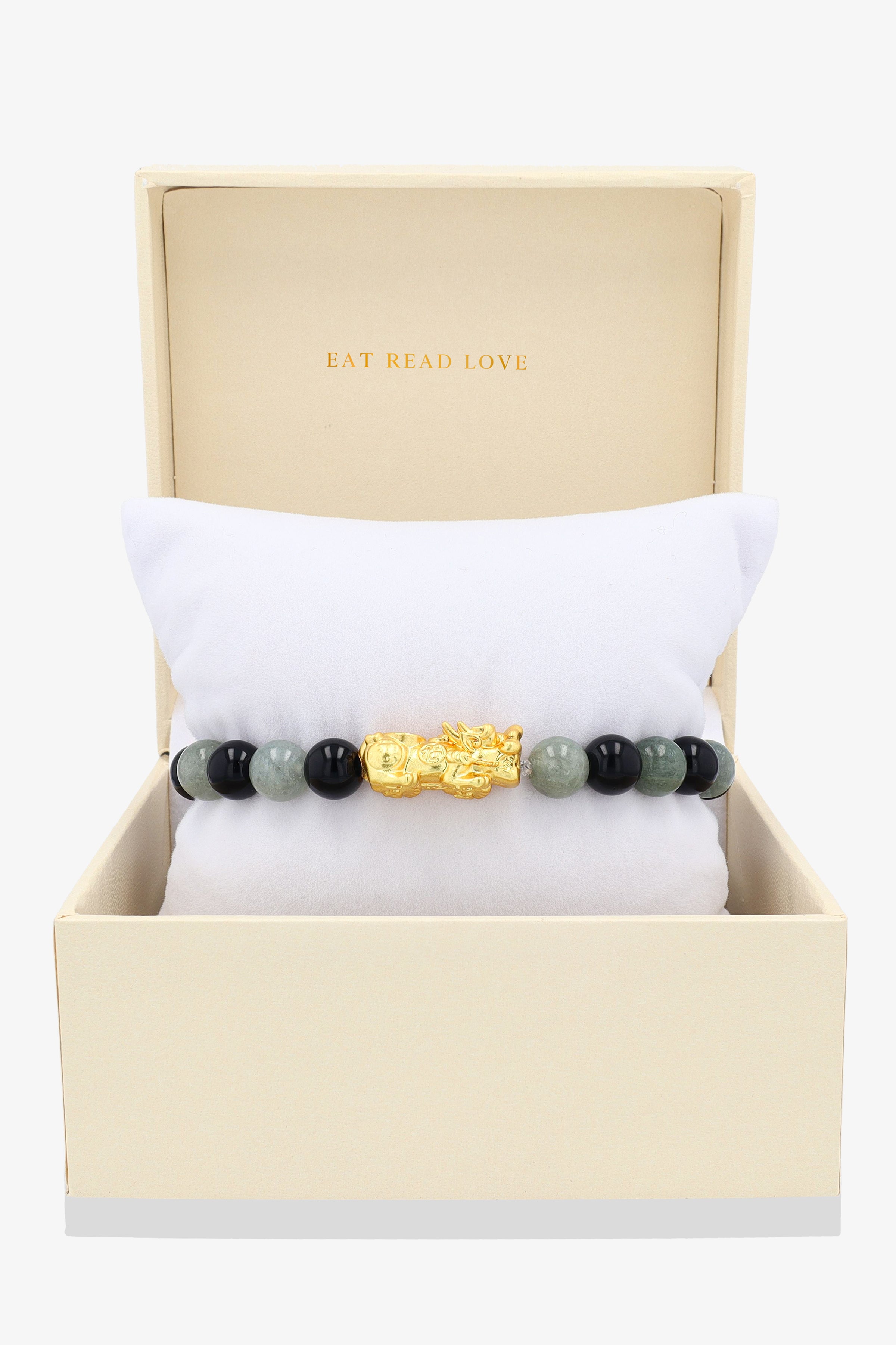 Jade and Black Obsidian 14K Real Gold Pixiu Luck Bracelet