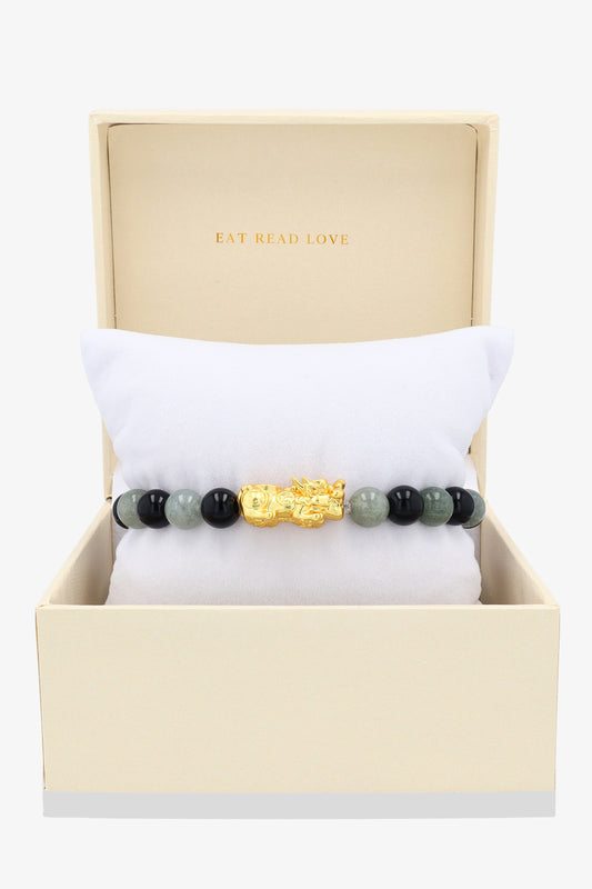 Jade and Black Obsidian 18k Gold Vermeil Pixiu Luck Bracelet
