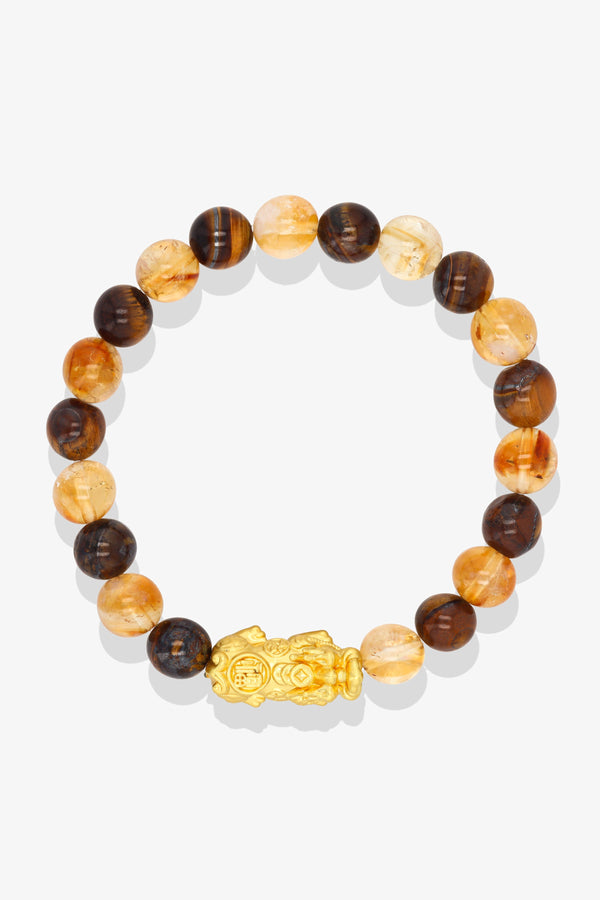 Tigers Eye and Citrine 14K Real Gold Pixiu Luck Bracelet