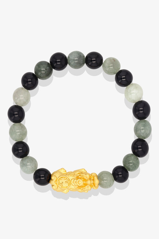 Jade and Black Obsidian 18k Gold Vermeil Pixiu Luck Bracelet
