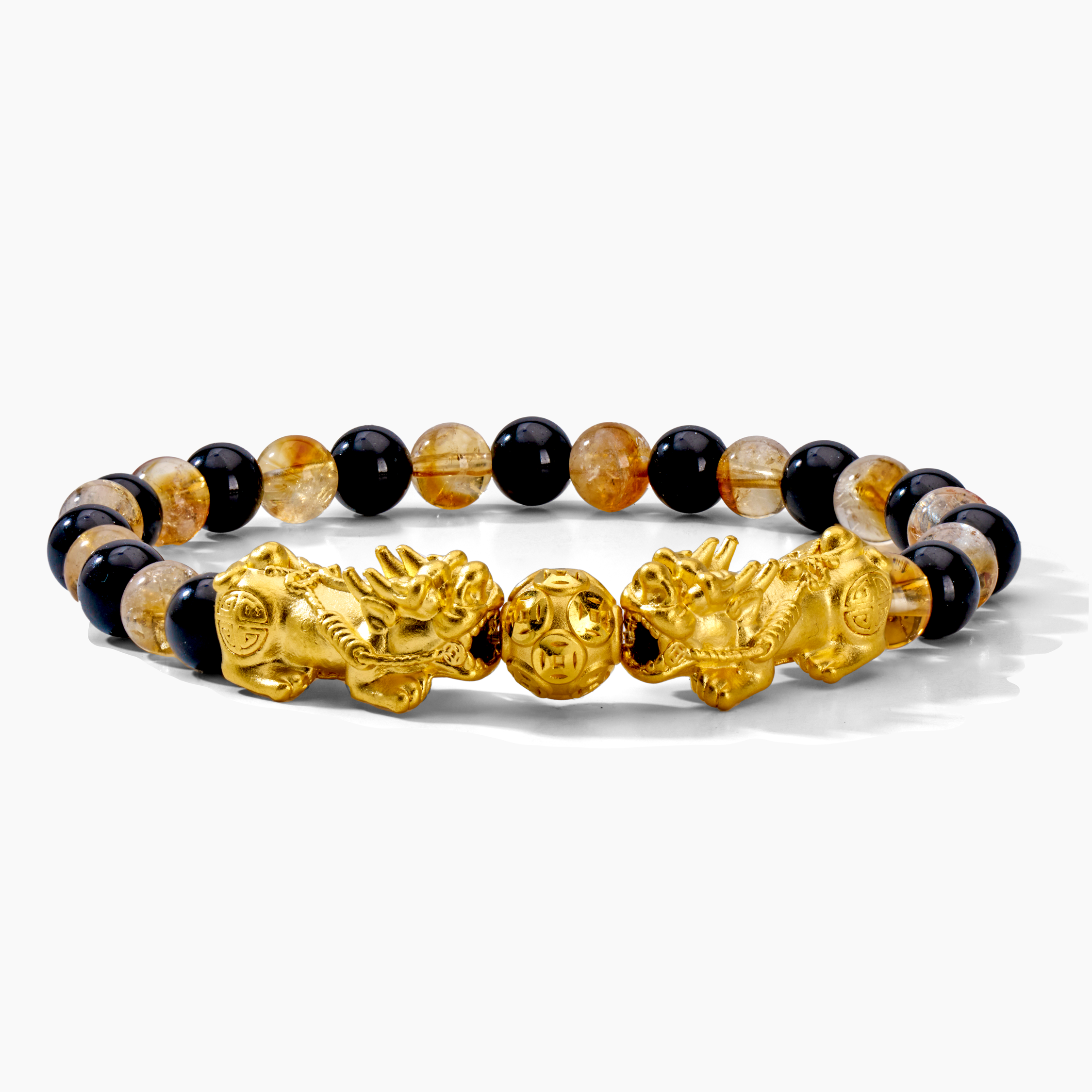 Natural Citrine and Black Obsidian Double Pixiu Feng Shui 24k REAL Gold Bracelet