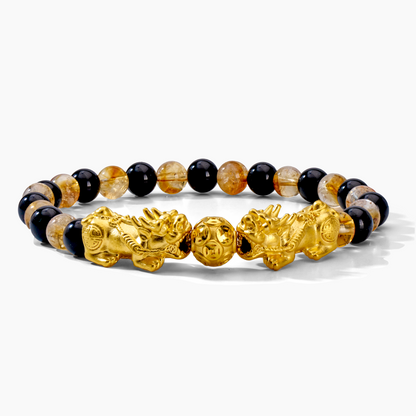 Money Attracting Citrine and Black Obsidian Double Pixiu Bracelet