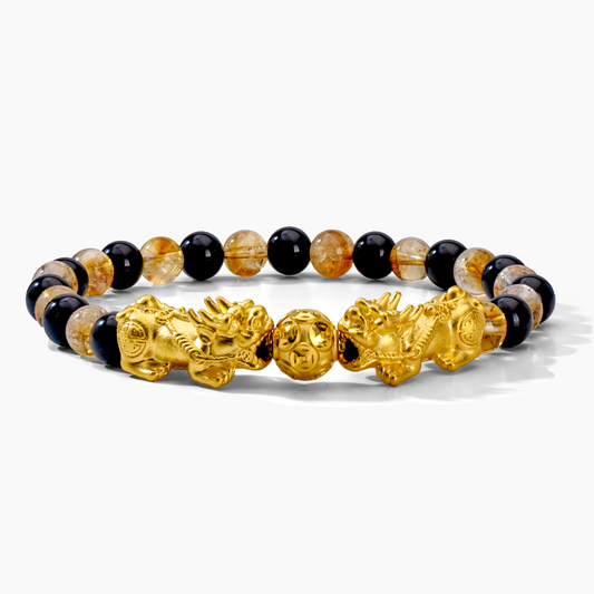Money Attracting Citrine and Black Obsidian Double Pixiu Bracelet