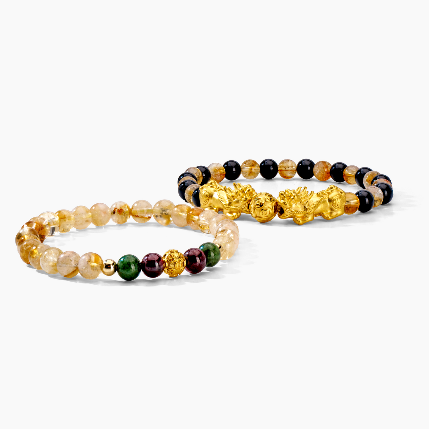 Natural Citrine and Black Obsidian Double Pixiu Feng Shui 24k REAL Gold Bracelet