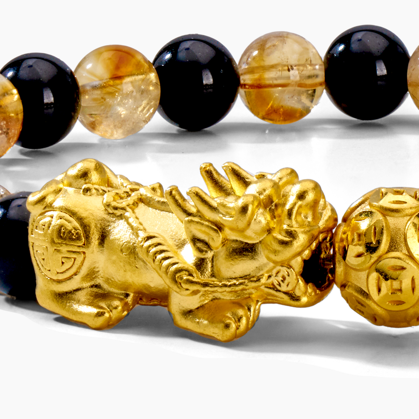 Natural Citrine and Black Obsidian Double Pixiu Feng Shui 24k REAL Gold Bracelet