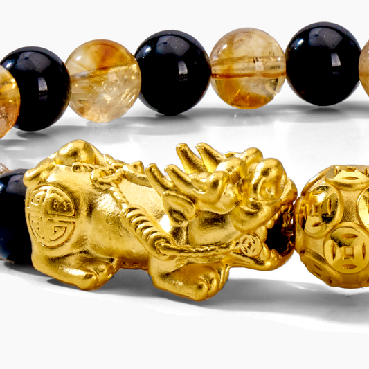 Money Attracting Citrine and Black Obsidian Double Pixiu Bracelet