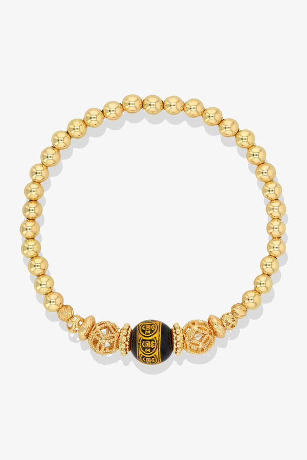 Spiritual Lucky Coin Double Happiness Bijoux with 10K Gold Beads Bracelet