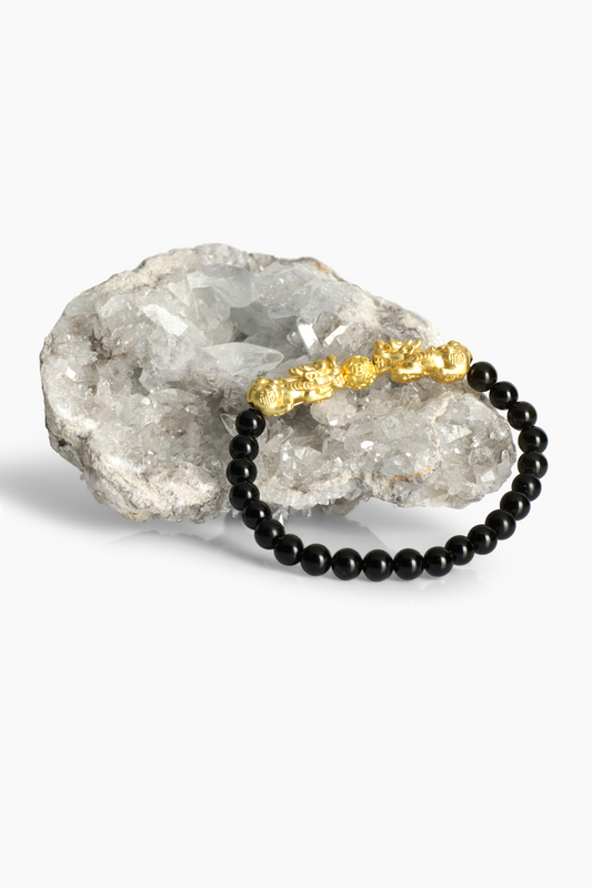 Black Obsidian Mega Money 18k Gold Vermeil Pixiu Feng Shui Bracelet