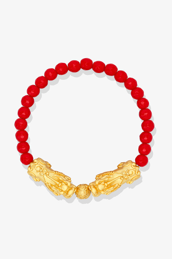 Red Jade Mega Money 18k Gold Vermeil Pixiu Feng Shui Bracelet
