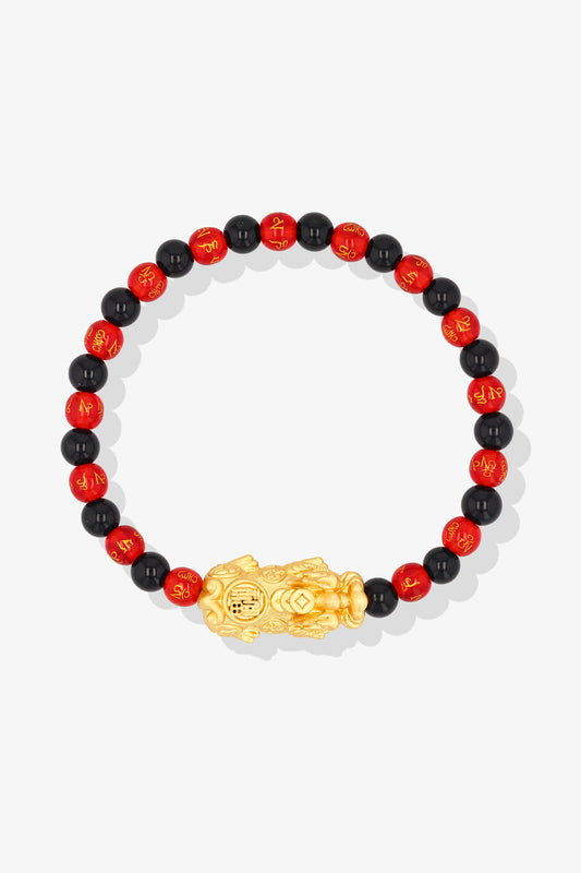 Red Agate & Black Obsidian 18k Gold Vermeil Pixiu Feng Shui Bracelet