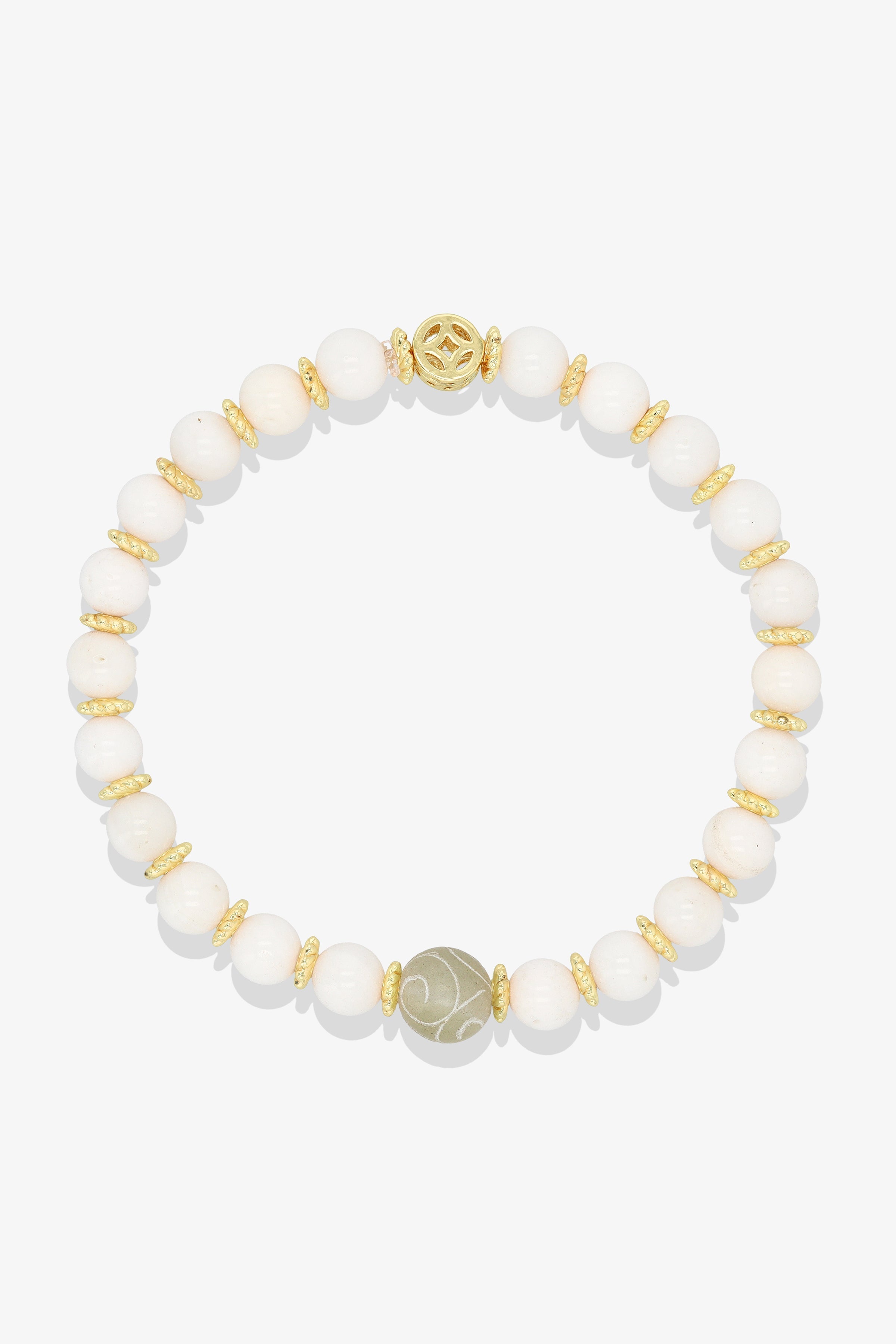 Rose Quartz with Gold Lucky Coin and White Jade charm Bracelet