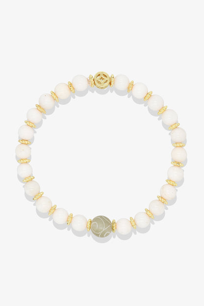 White Coral with Gold Lucky Coin and White Jade charm Bracelet