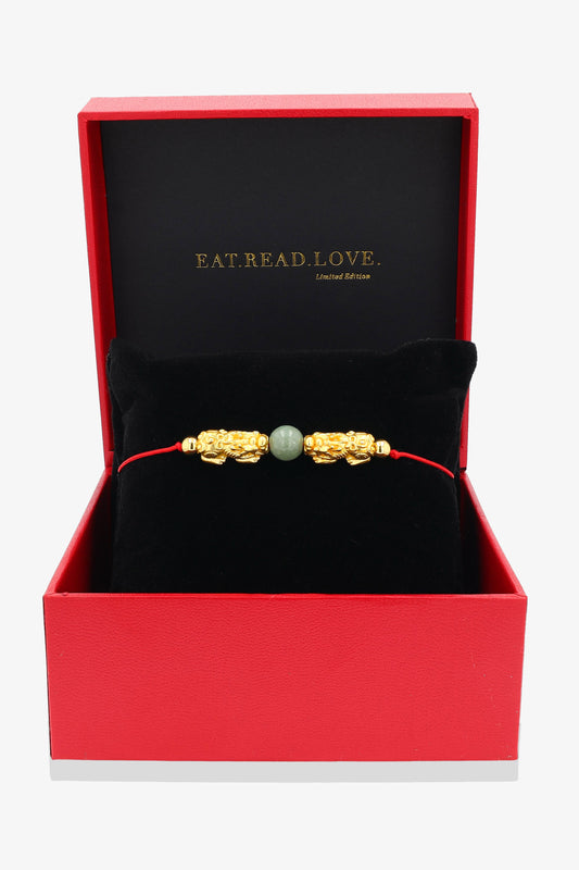 18k Gold Vermeil Double Pixiu with Jade Red Thread Bracelet