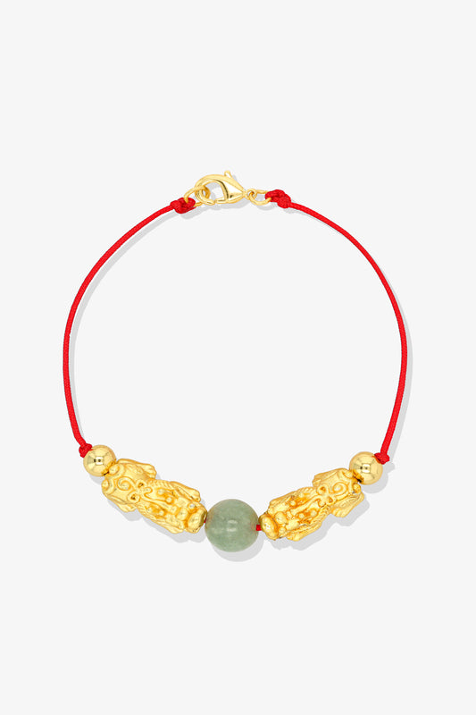 18k Gold Vermeil Double Pixiu with Jade Red Thread Bracelet