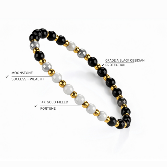 Lunar Fortune Bracelet - Grade A Black Obsidian and Moonstone