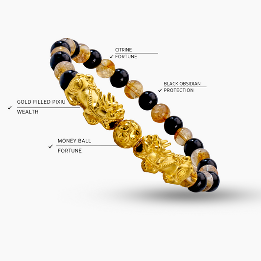 Money Attracting Citrine and Black Obsidian Double Pixiu Bracelet