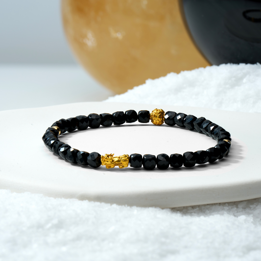 Capricorn Zodiac Lunar Eclipse 24k Pixiu Bracelet - Black Obsidian