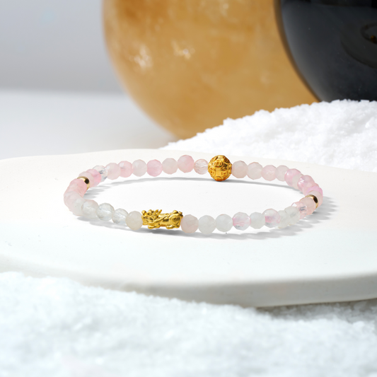 Cancer Zodiac Lunar Eclipse 24k Pixiu Bracelet - Rose Quartz