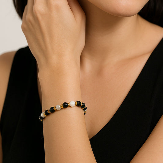 Lunar Fortune Bracelet - Grade A Black Obsidian and Moonstone