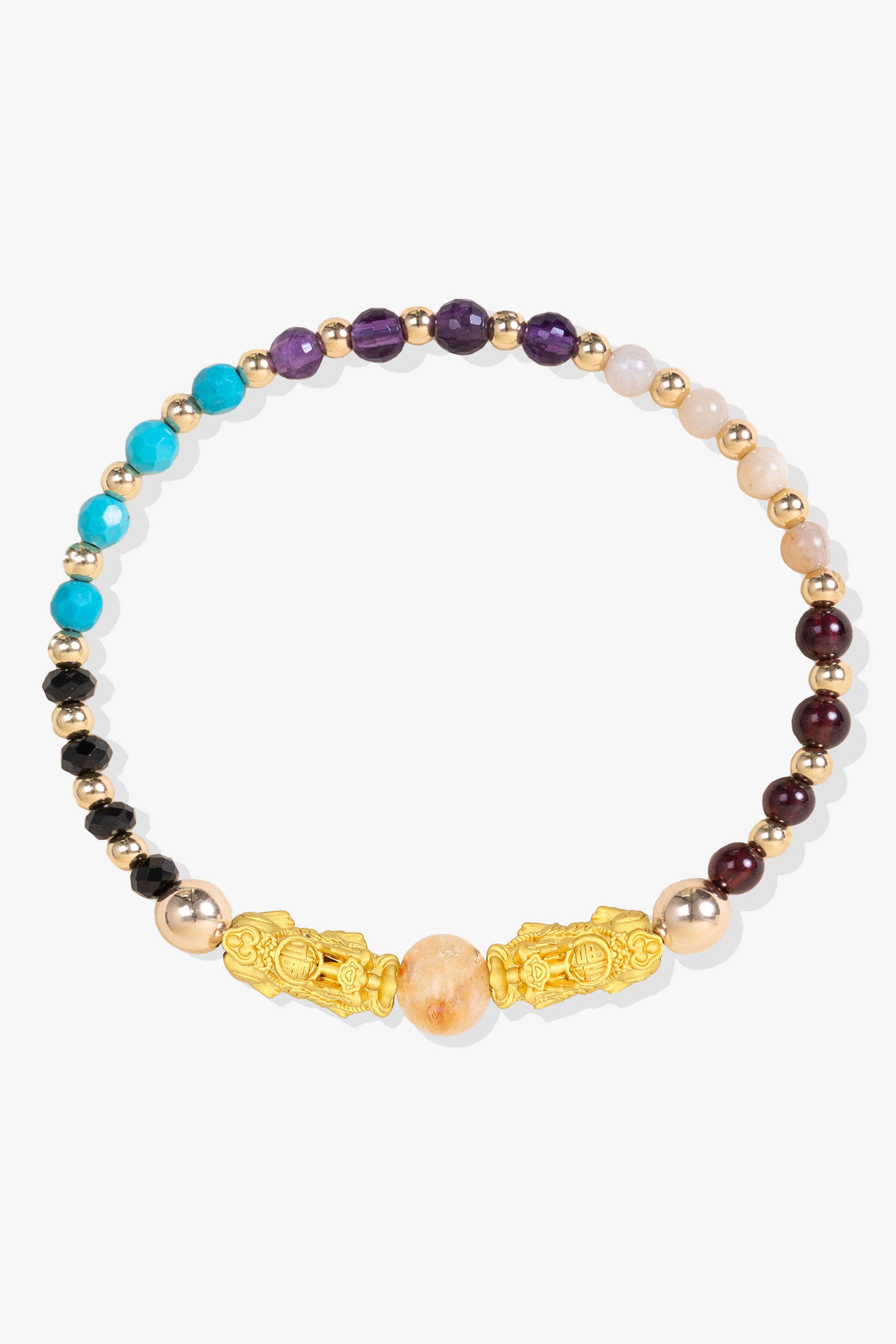 Multiple Blessing Double Pixiu and Citrine Feng Shui Bracelet 14k REAL Gold
