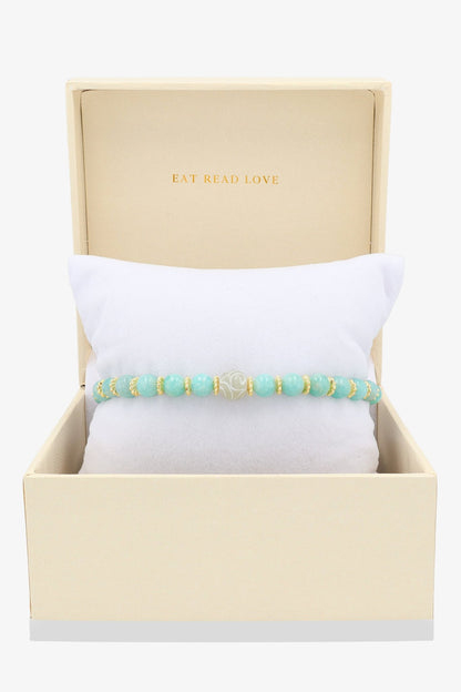 Amazonite with Gold Lucky Coin and White Jade charm Bracelet - Eat.Read.Love.