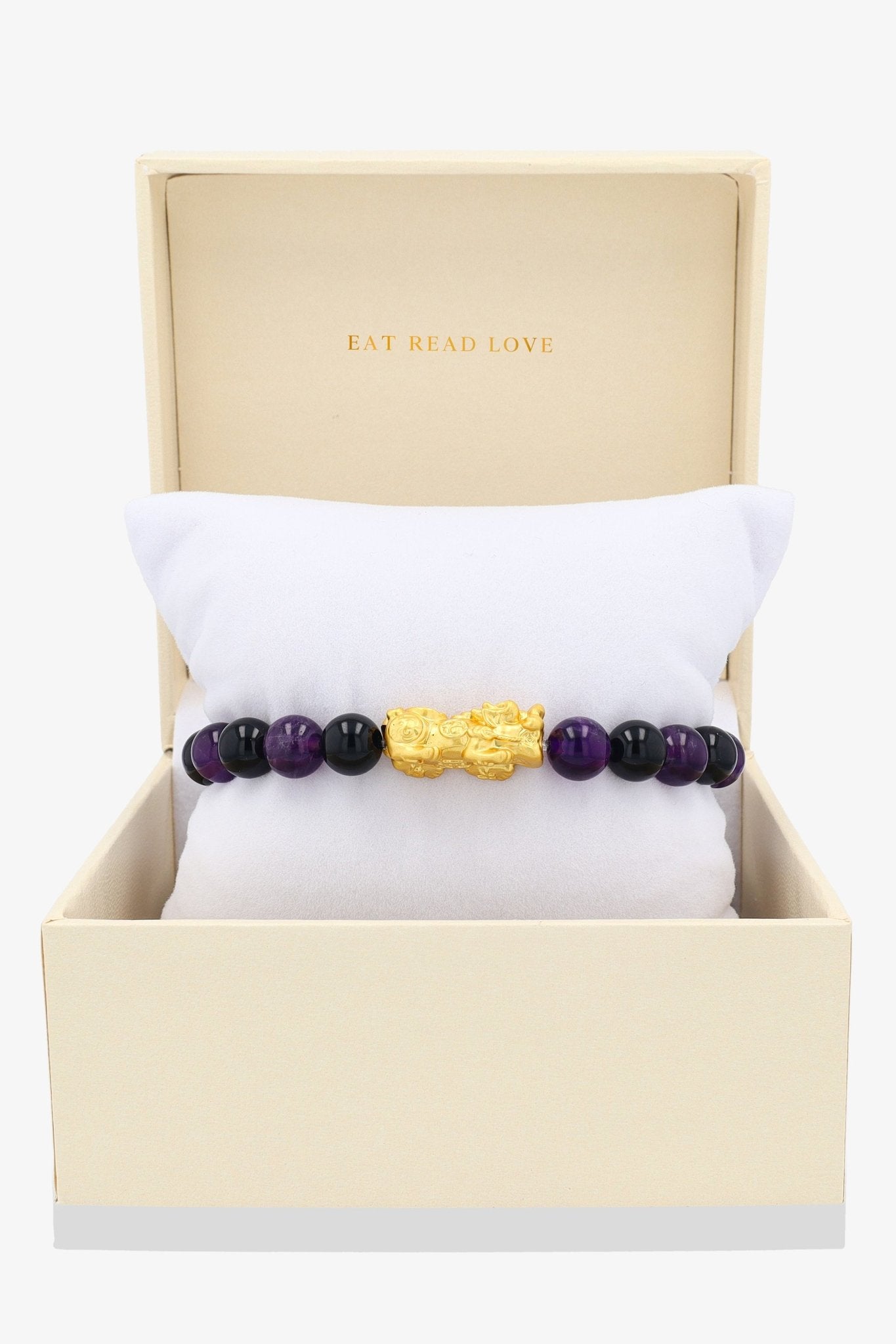 Amethyst and Black Obsidian 18K Gold Vermeil Pixiu Luck Bracelet - Eat.Read.Love.