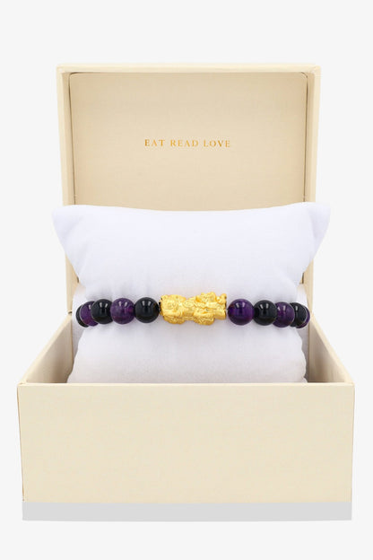 Amethyst and Black Obsidian 18K Gold Vermeil Pixiu Luck Bracelet - Eat.Read.Love.