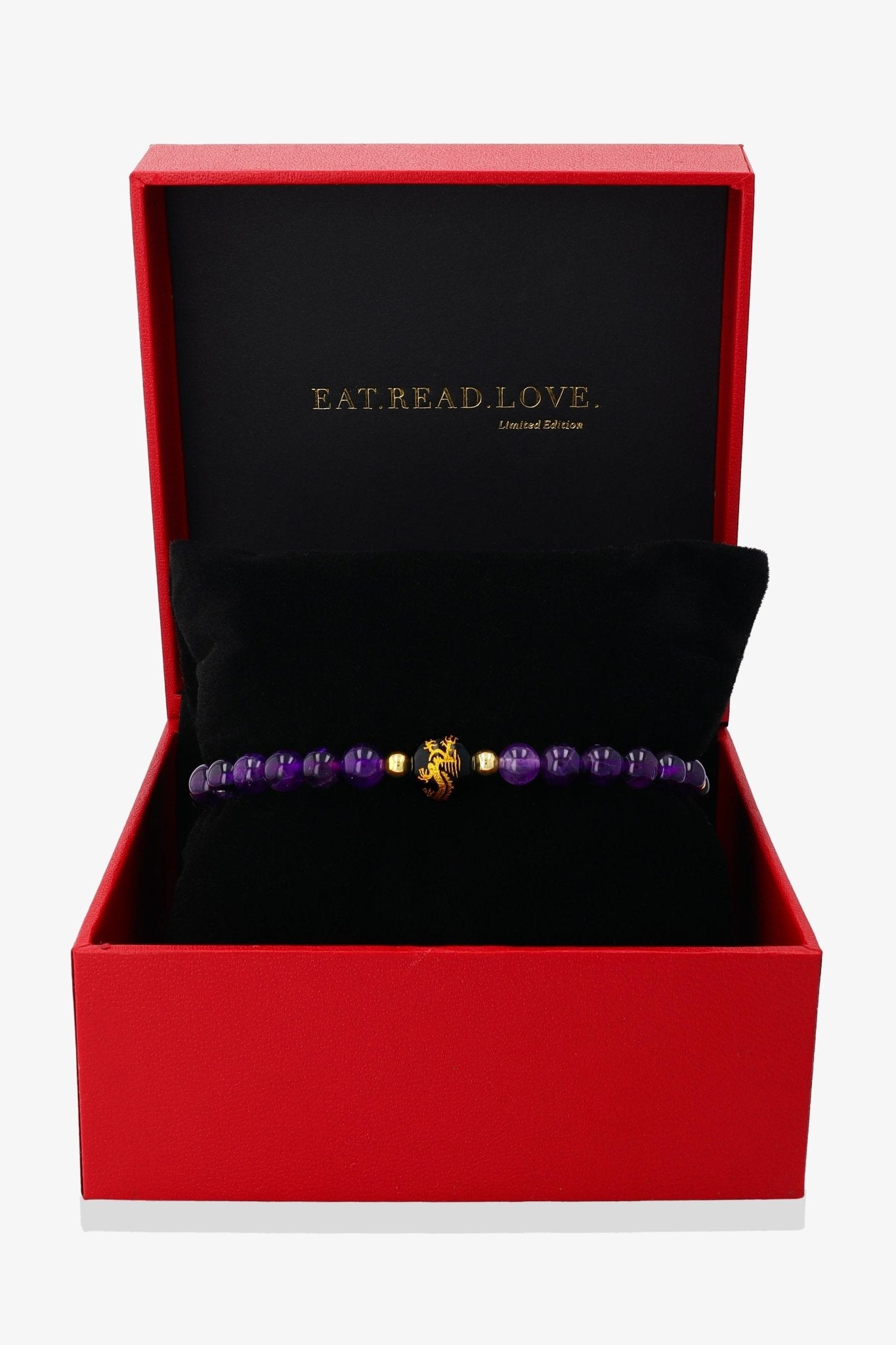 Amethyst and Black Obsidian Lucky Dragon Feng Shui Bracelet REAL Gold - Protection - Eat.Read.Love.