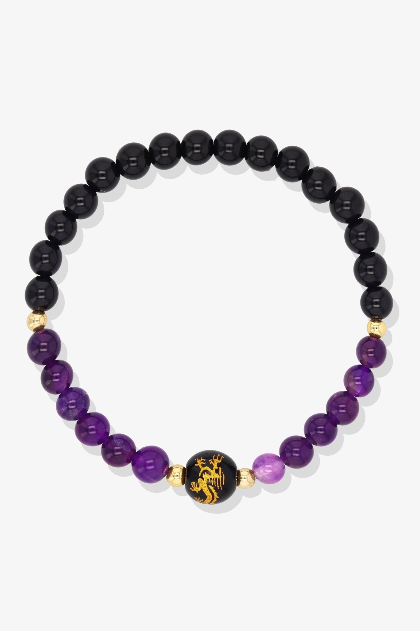 Amethyst and Black Obsidian Lucky Dragon Feng Shui Bracelet REAL Gold - Protection - Eat.Read.Love.