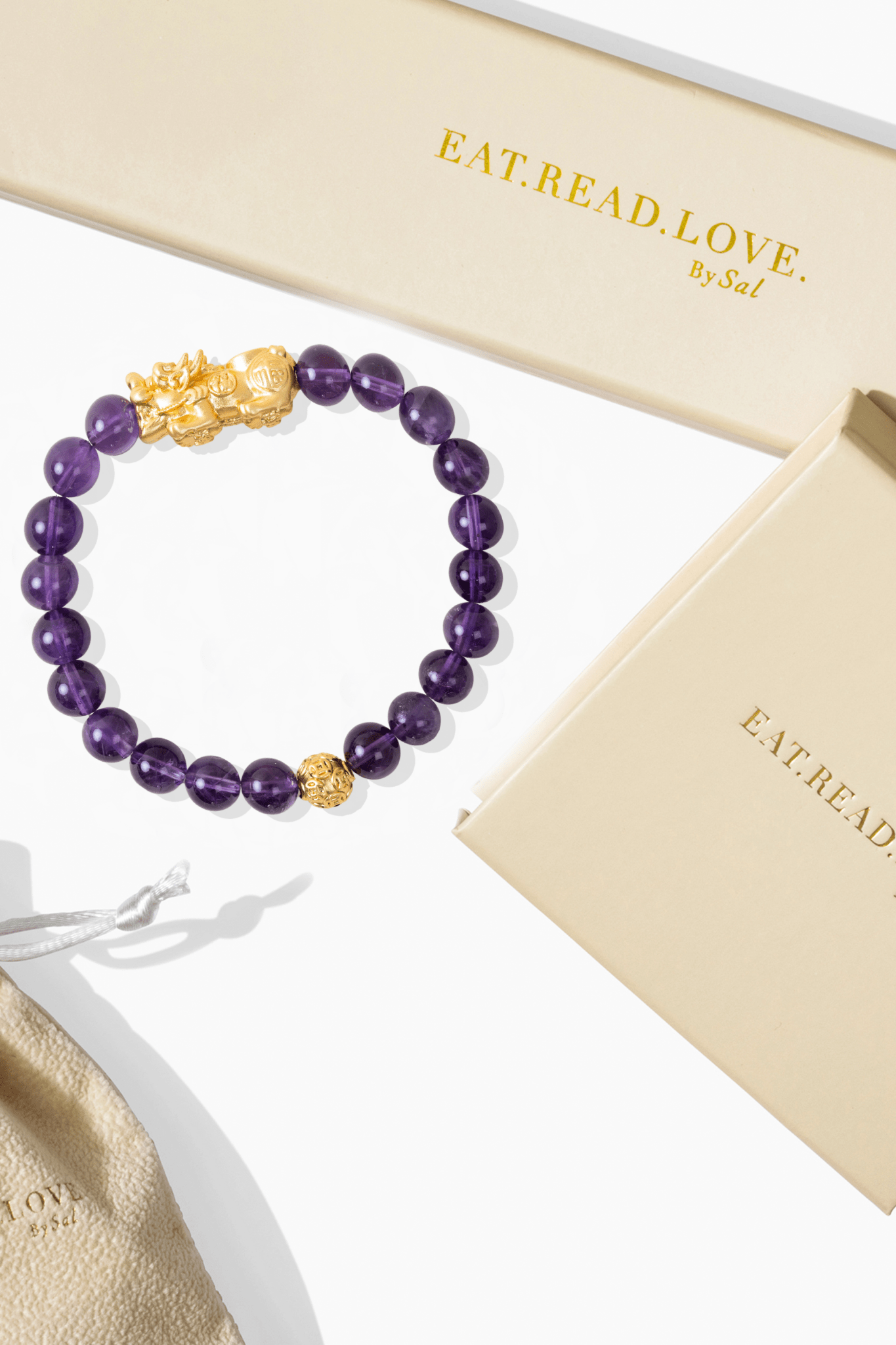 Amethyst Grade AA Fortune 18k Gold Vermeil Pixiu Feng Shui Bracelet - Eat.Read.Love.