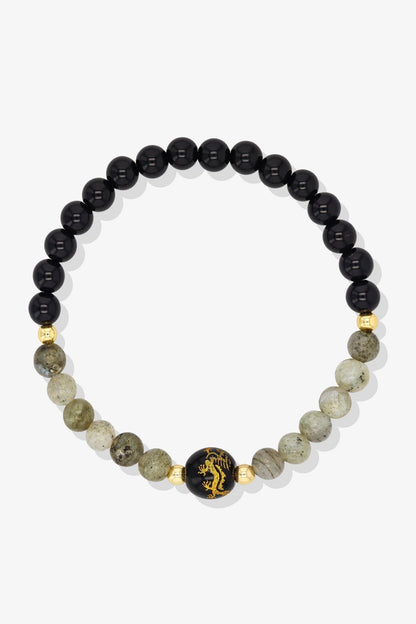 Aquamarine and Black Obsidian Lucky Dragon Feng Shui Bracelet REAL Gold - Serenity - Eat.Read.Love.