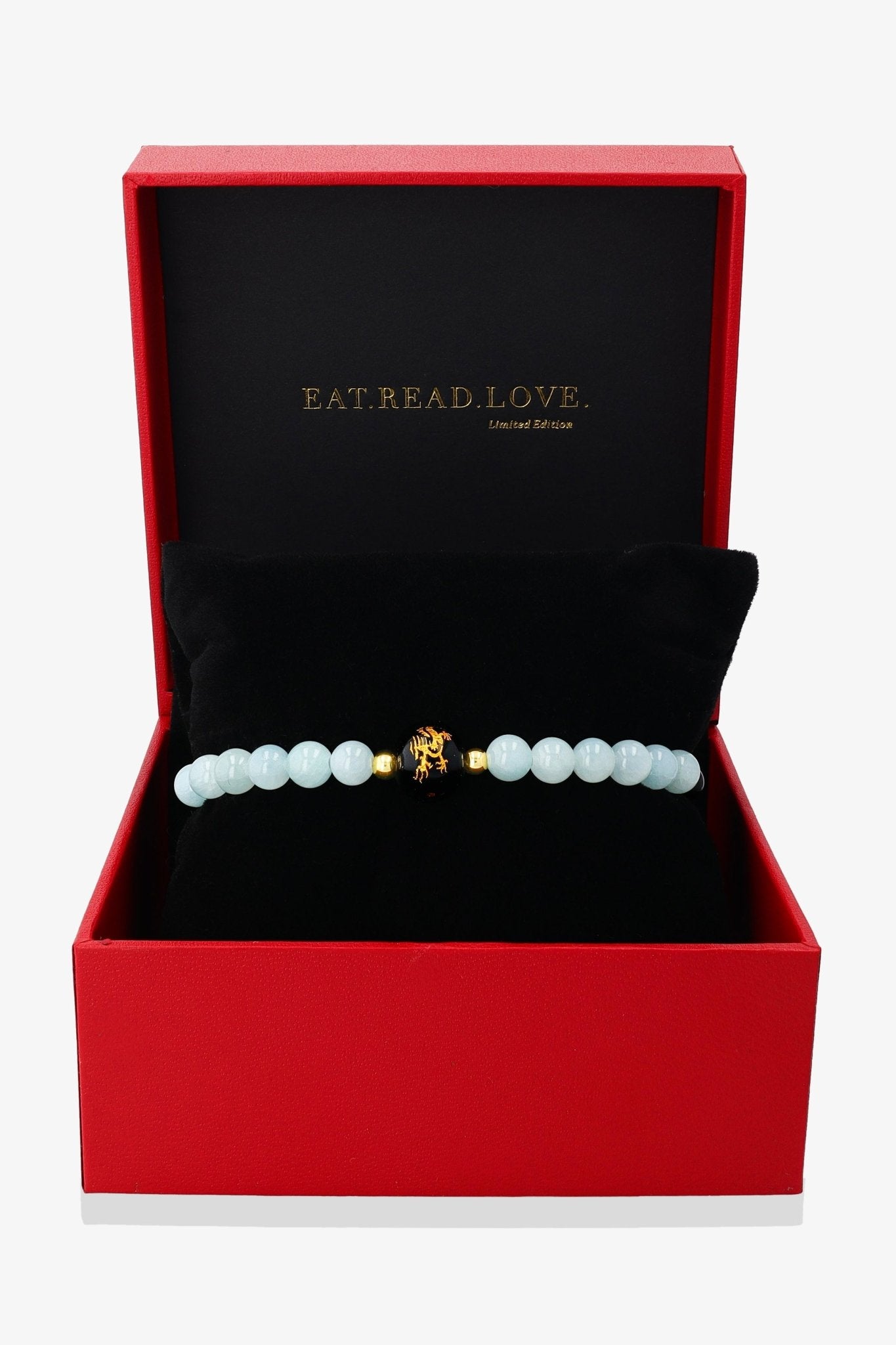 Aquamarine and Black Obsidian Lucky Dragon Feng Shui Bracelet REAL Gold - Serenity - Eat.Read.Love.