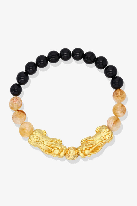 Black Obsidian and Citrine 18k Gold Vermeil Double Pixiu Feng Shui Bracelet - Eat.Read.Love.