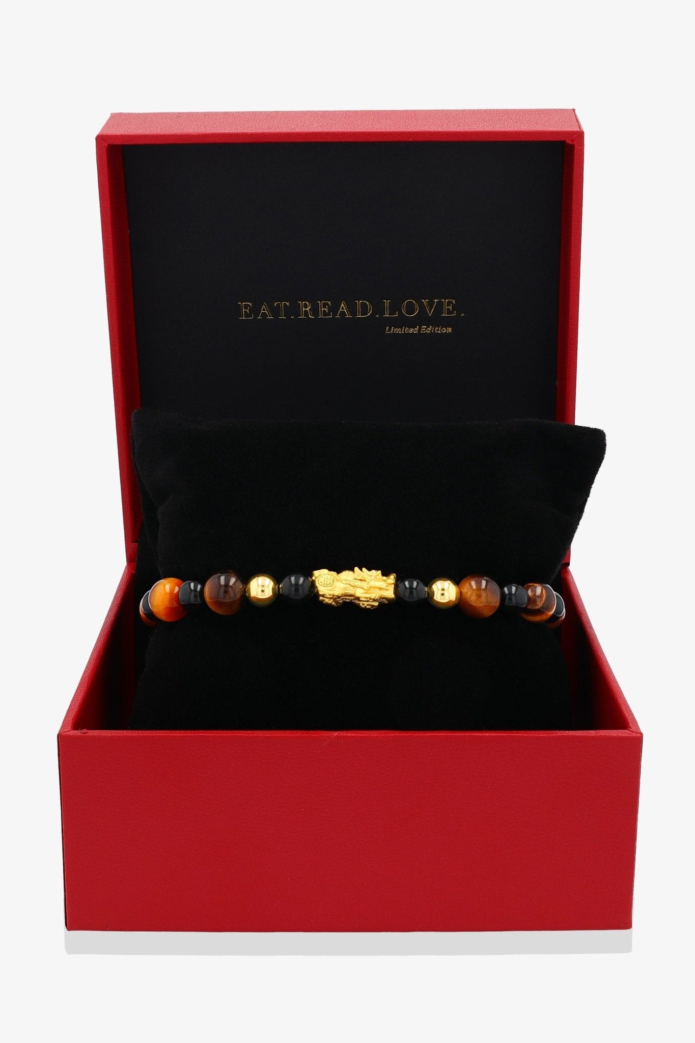 Black Obsidian and Tigers Eye Unlimited Luck 18K Gold Vermeil Pixiu Feng Shui Bracelet - Eat.Read.Love.