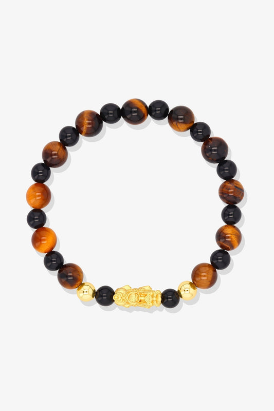 Black Obsidian and Tigers Eye Unlimited Luck 18K Gold Vermeil Pixiu Feng Shui Bracelet - Eat.Read.Love.