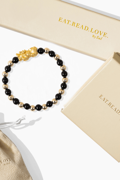 Black Obsidian Infinite Fortune 18k Gold Vermei Pixiu Feng Shui Bracelet - Eat.Read.Love.