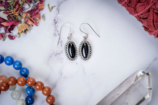 Black Obsidian Oval Cut Sterling Silver Earrings - Eat.Read.Love.