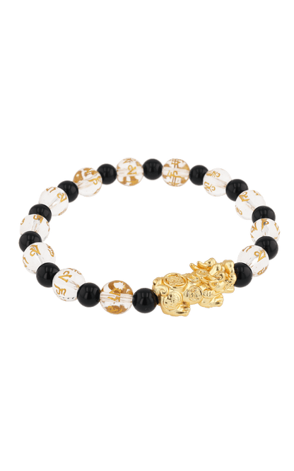 Clear Quartz & Black Obsidian 18k Gold Vermeil Pixiu Feng Shui Bracelet - Eat.Read.Love.
