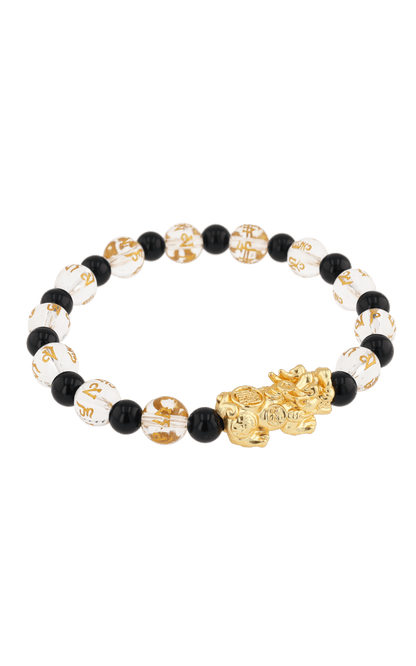 Clear Quartz & Black Obsidian 18k Gold Vermeil Pixiu Feng Shui Bracelet - Eat.Read.Love.