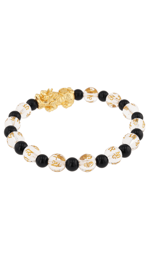 Clear Quartz & Black Obsidian 18k Gold Vermeil Pixiu Feng Shui Bracelet - Eat.Read.Love.