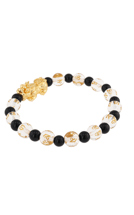 Clear Quartz & Black Obsidian 18k Gold Vermeil Pixiu Feng Shui Bracelet - Eat.Read.Love.