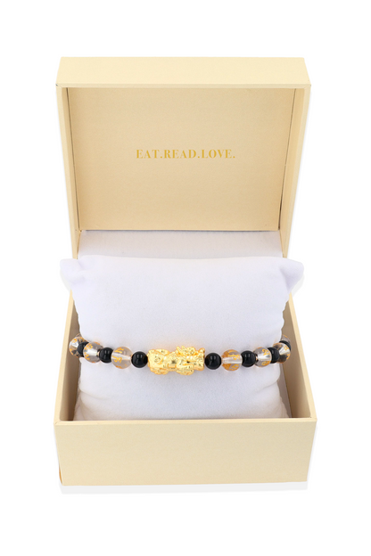 Clear Quartz & Black Obsidian 18k Gold Vermeil Pixiu Feng Shui Bracelet - Eat.Read.Love.