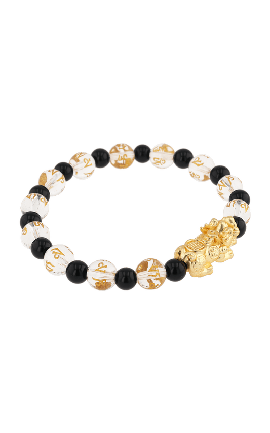 Clear Quartz & Black Obsidian 18k Gold Vermeil Pixiu Feng Shui Bracelet - Eat.Read.Love.