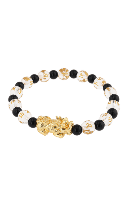 Clear Quartz & Black Obsidian 18k Gold Vermeil Pixiu Feng Shui Bracelet - Eat.Read.Love.