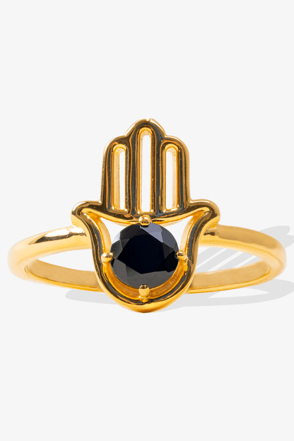 Genuine Black Tourmaline Hamsa 18k Gold Vermeil Ring - Eat.Read.Love.