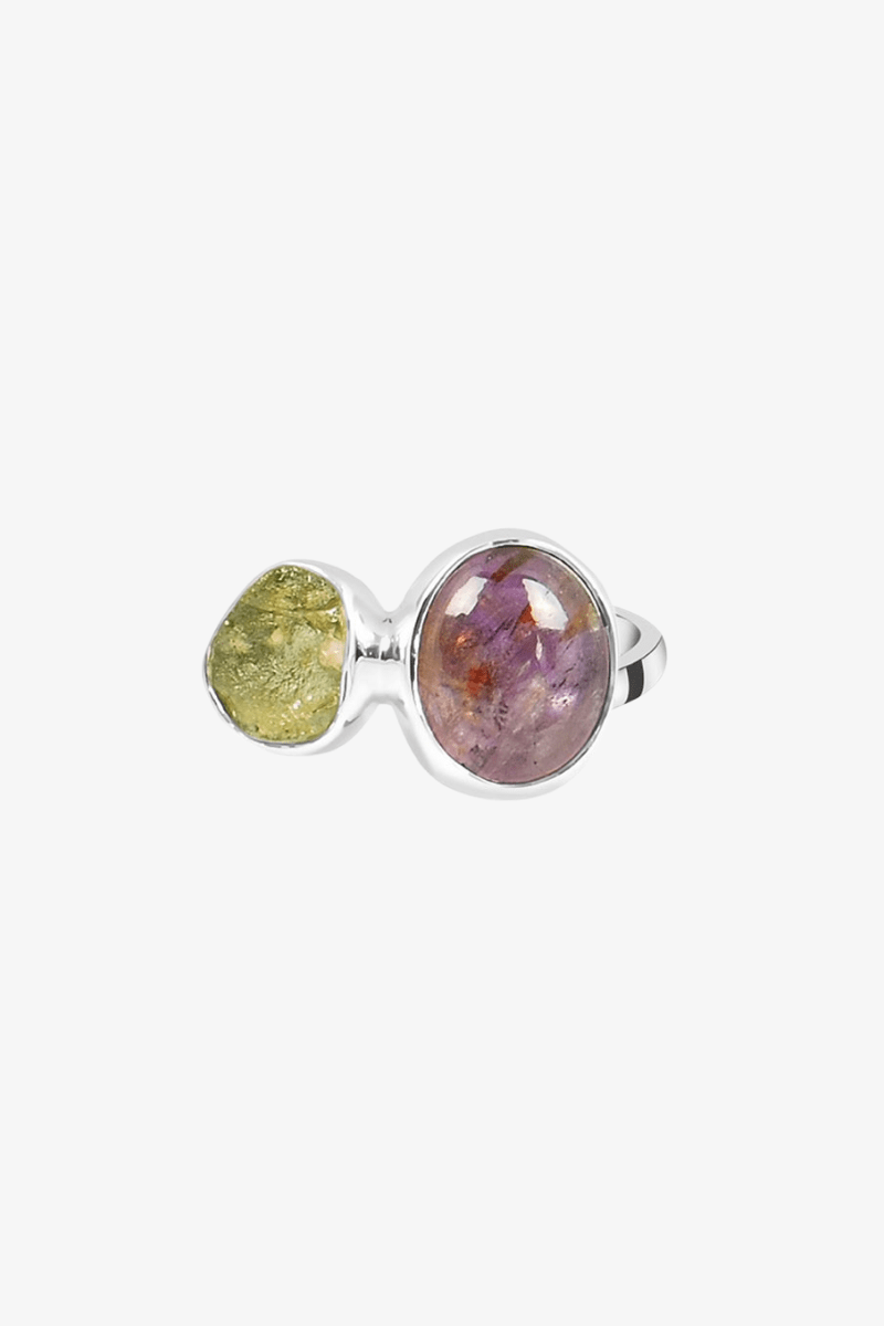 Genuine Moldavite and Cacoxenite Adjustable Ring - Eat.Read.Love.