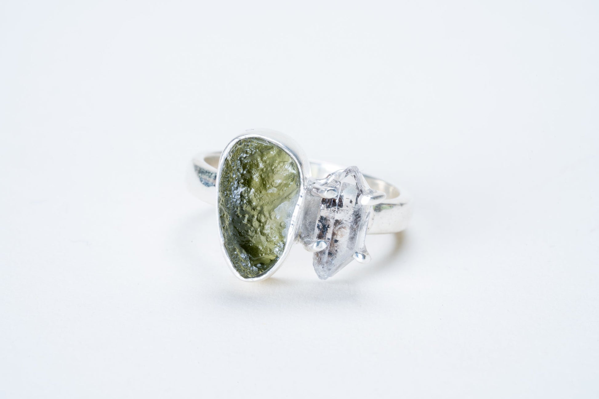 Genuine Moldavite with Herkimer Diamond Adjustable Ring - Eat.Read.Love.