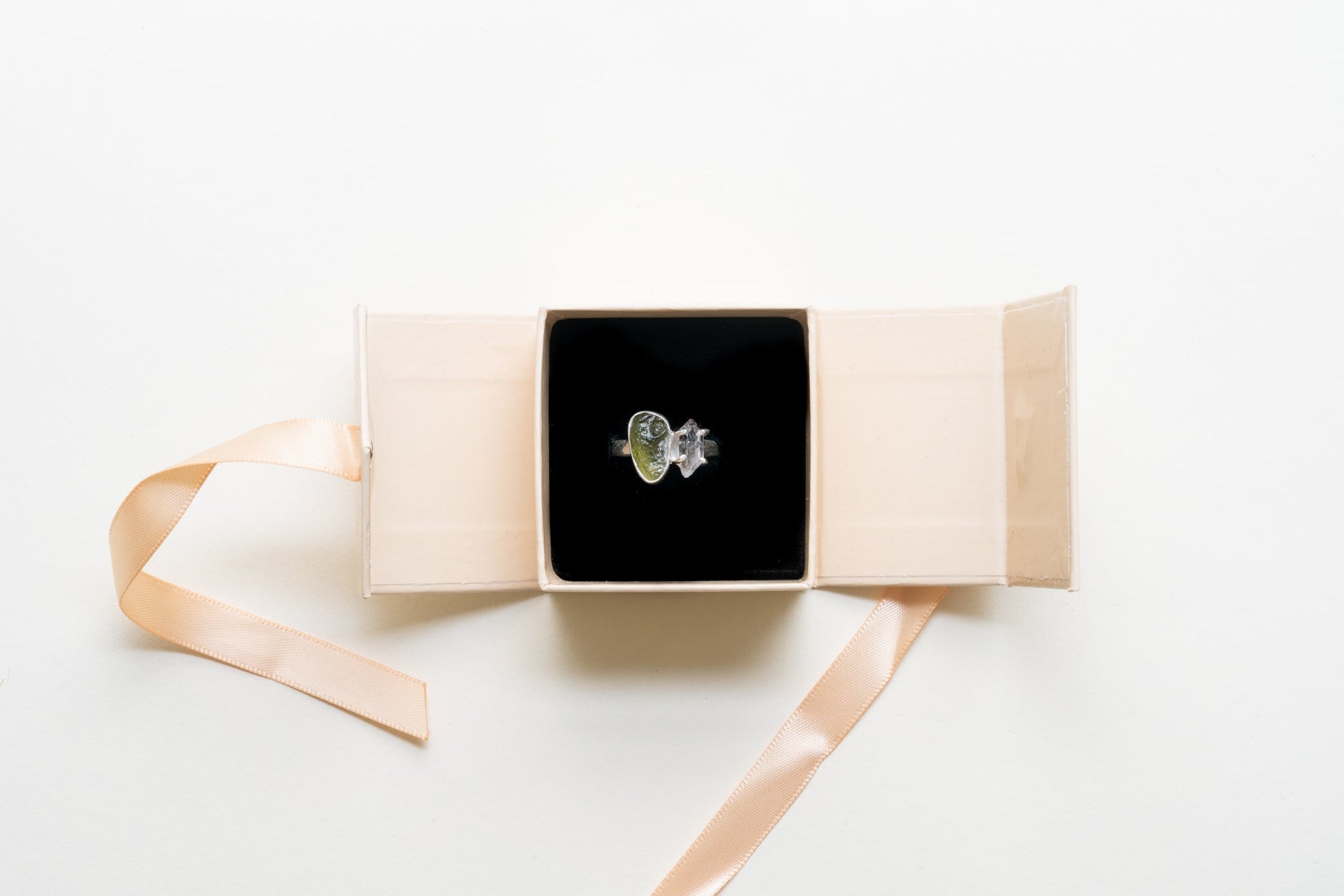 Genuine Moldavite with Herkimer Diamond Adjustable Ring - Eat.Read.Love.