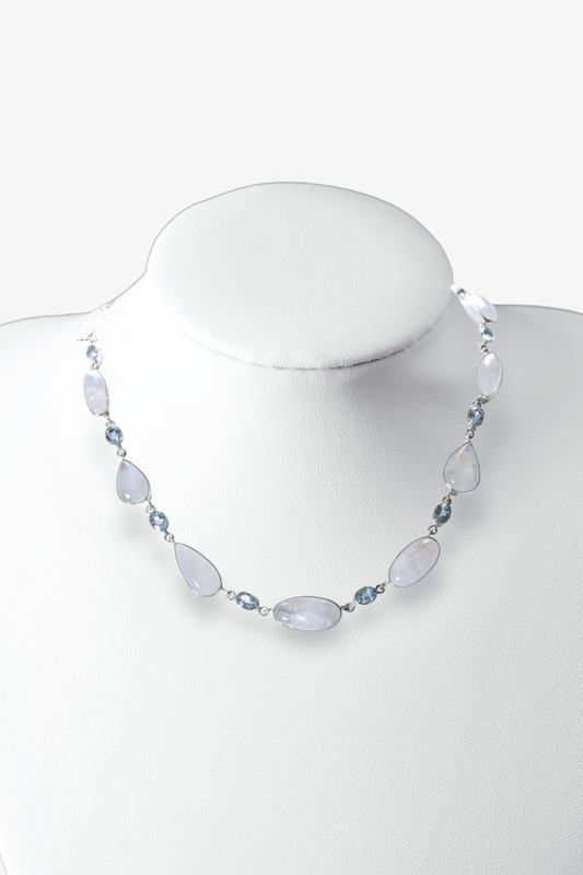 Genuine Rainbow Moonstone with Faceted Blue Topaz Necklace - Eat.Read.Love.