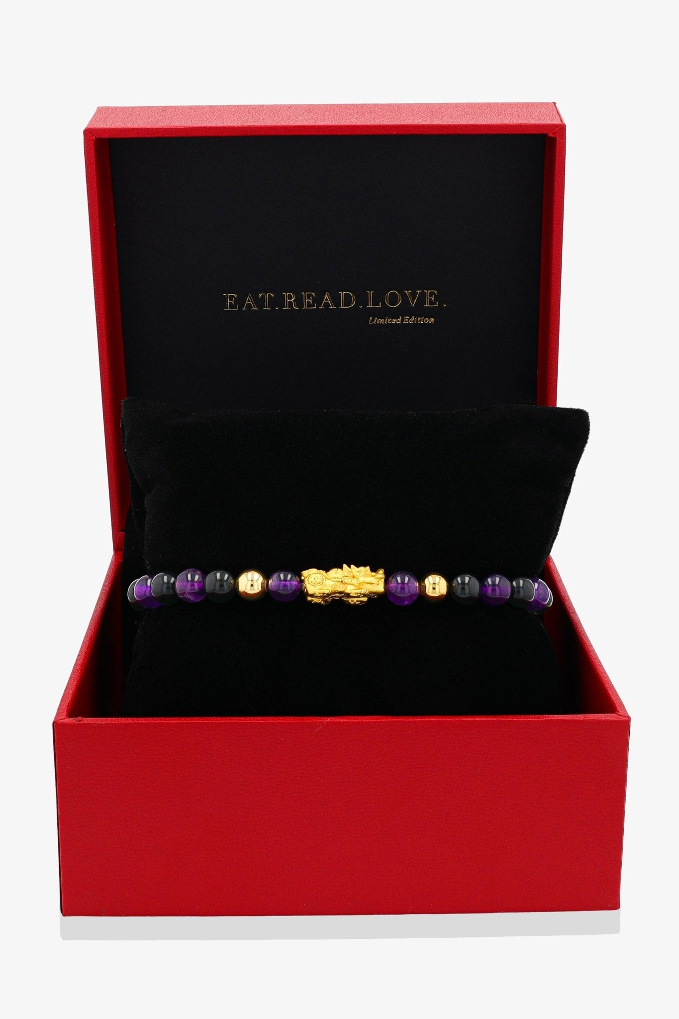 Grade A Amethyst and Black Obsidian Unlimited Protection 18K Gold Vermeil Pixiu Feng Shui Bracelet - Eat.Read.Love.